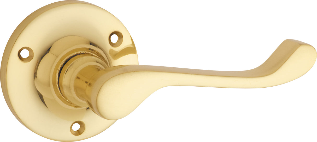 Tradco Victorian Door Lever on Round Rose Unlacquered Polished Brass