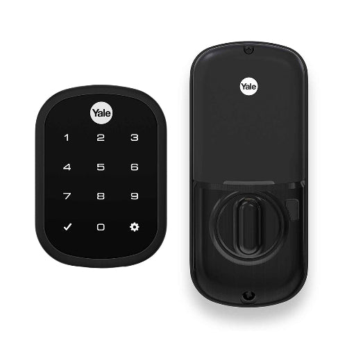 a black Yale security system, including a keypad and a lock mechanism.