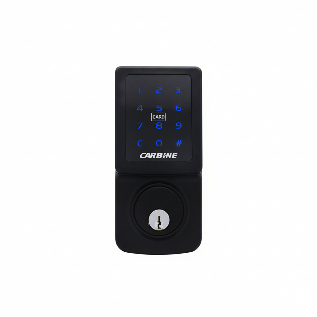 Black electronic door lock with keypad on a white door