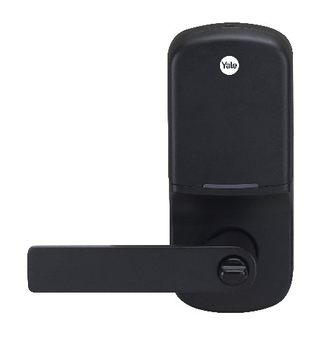 Black Yale door lock with handle on a white background