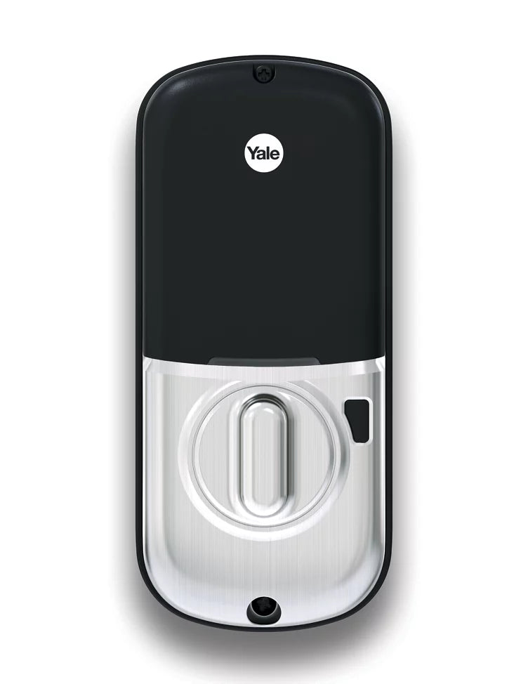 a black and silver Yale security camera with a black top and silver bottom.
