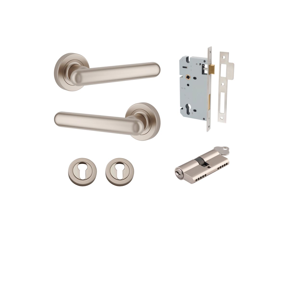 Iver Puerto Round Rose Lever Set - Complete Kits - Satin Nickel - Entrance Set Locking - Key / Turn (24005KENTR60KT)