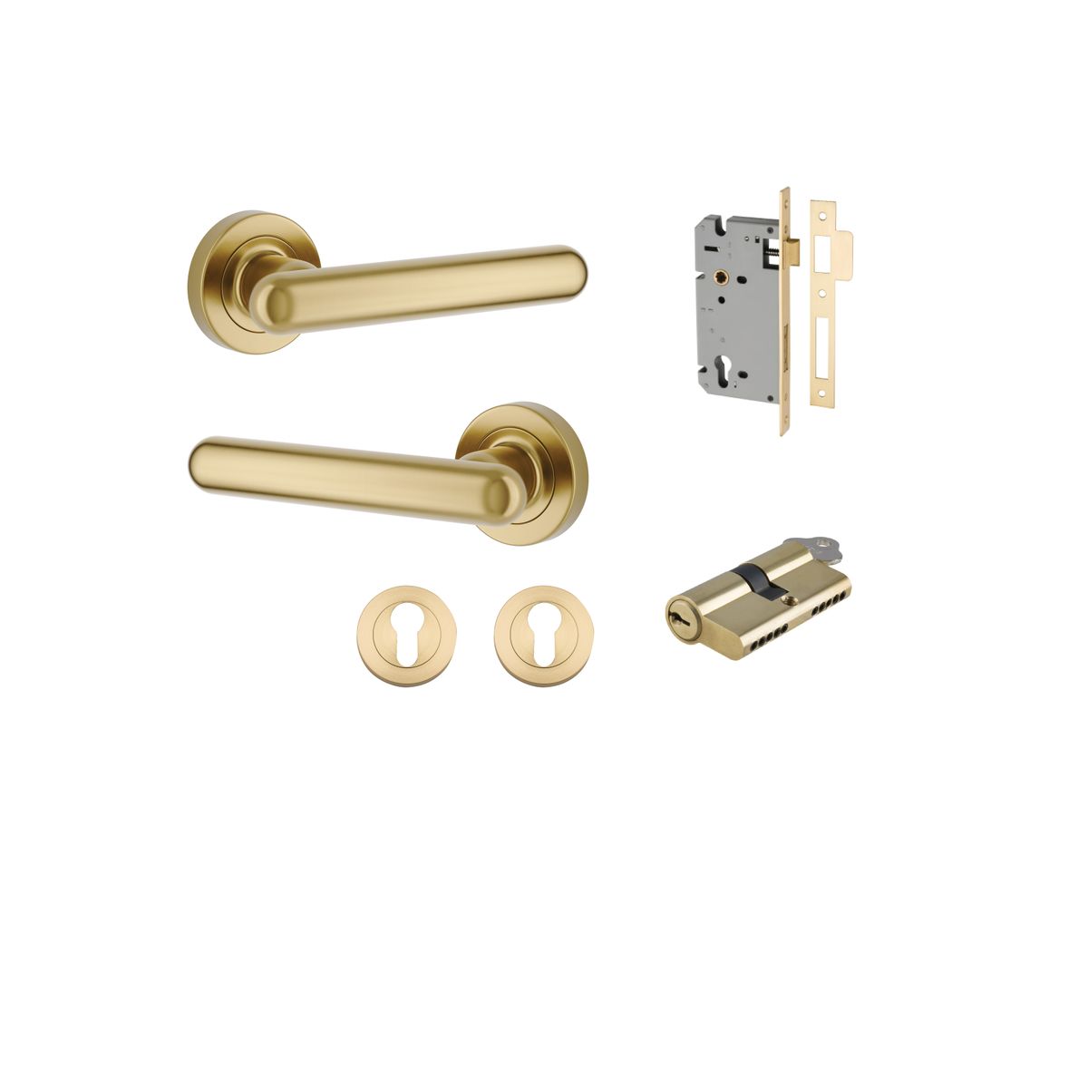Iver Puerto Round Rose Lever Set - Complete Kits - Brushed Gold PVD - Entrance Set Locking - Key / Turn (24000KENTR60KT)