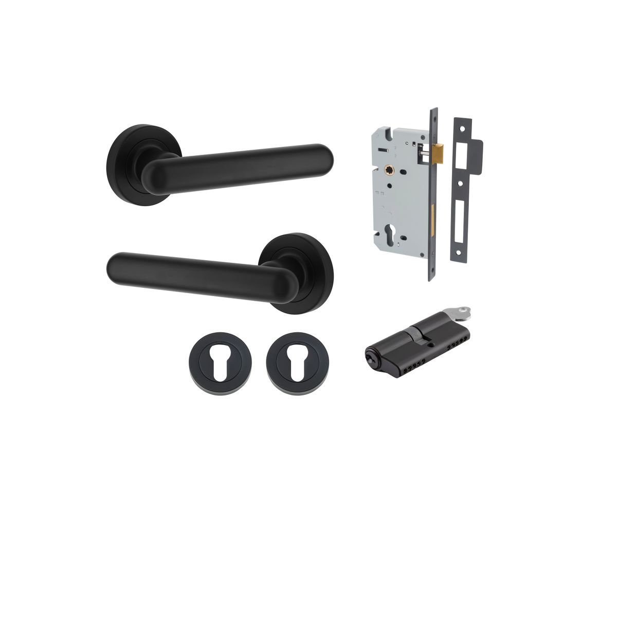 Iver Puerto Round Rose Lever Set - Complete Kits - Matt Black - Entrance Set Locking - Key / Turn (24003KENTR60KT)