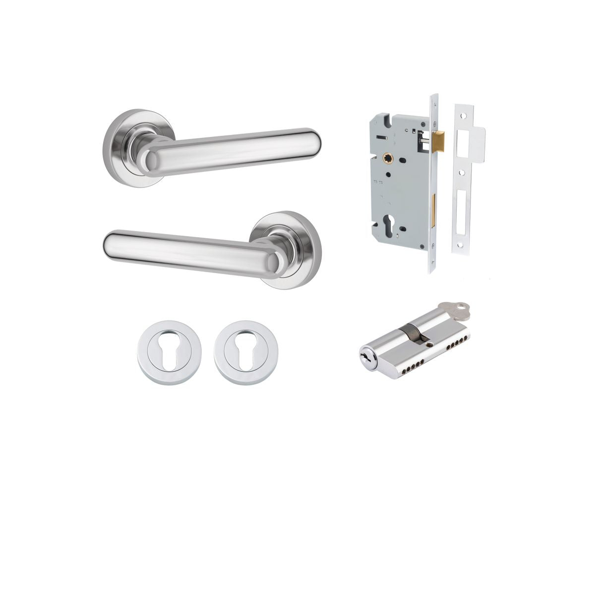 Iver Puerto Round Rose Lever Set - Complete Kits - Polished Chrome - Entrance Set Locking - Key / Turn (24004KENTR60KT)