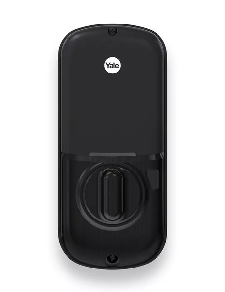 a black Yale smart home security system, which is a device used for controlling and monitoring home security systems.