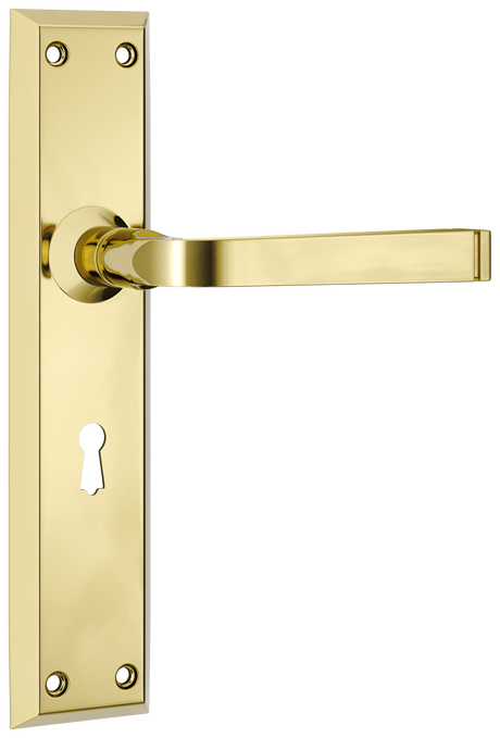Tradco Menton Lever Long Backplate, Polished Brass, Skeleton Key