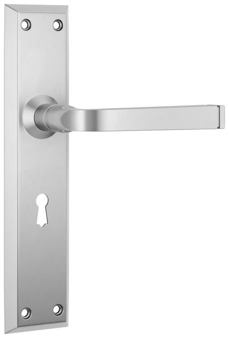 Tradco Menton Lever Long Backplate, Satin Chrome, Skeleton Key