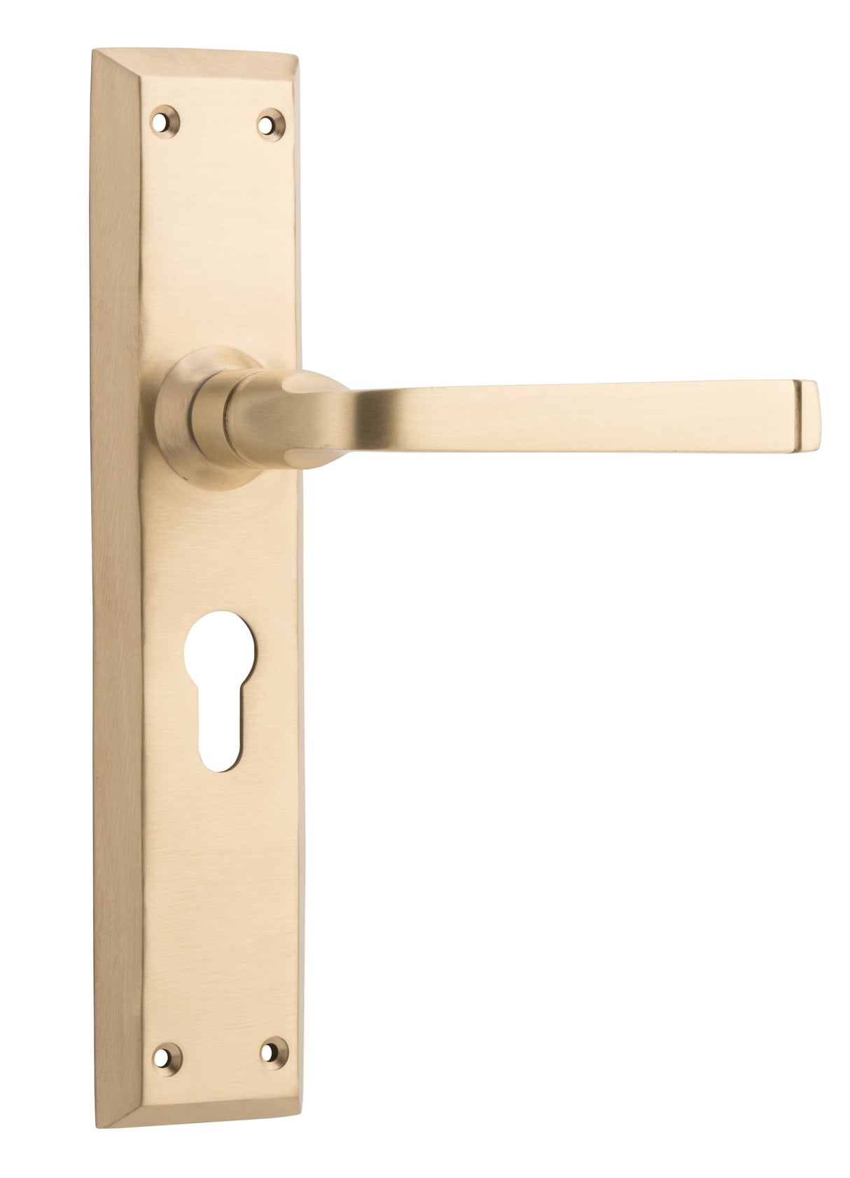 Tradco Menton Lever Long Backplate, Unlacquered Satin Brass, Euro