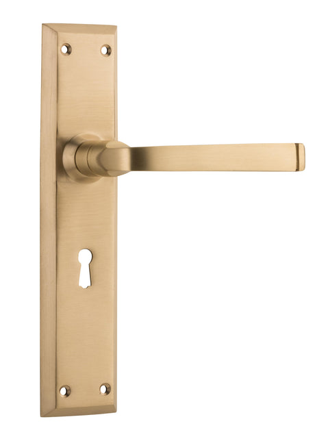 Tradco Menton Lever Long Backplate, Unlacquered Satin Brass, Skeleton Key