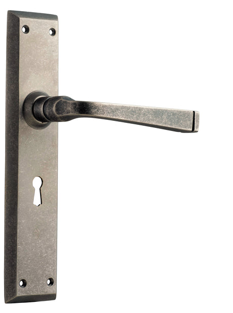 Tradco Menton Lever Long Backplate, Rumbled Nickel, Skeleton Key
