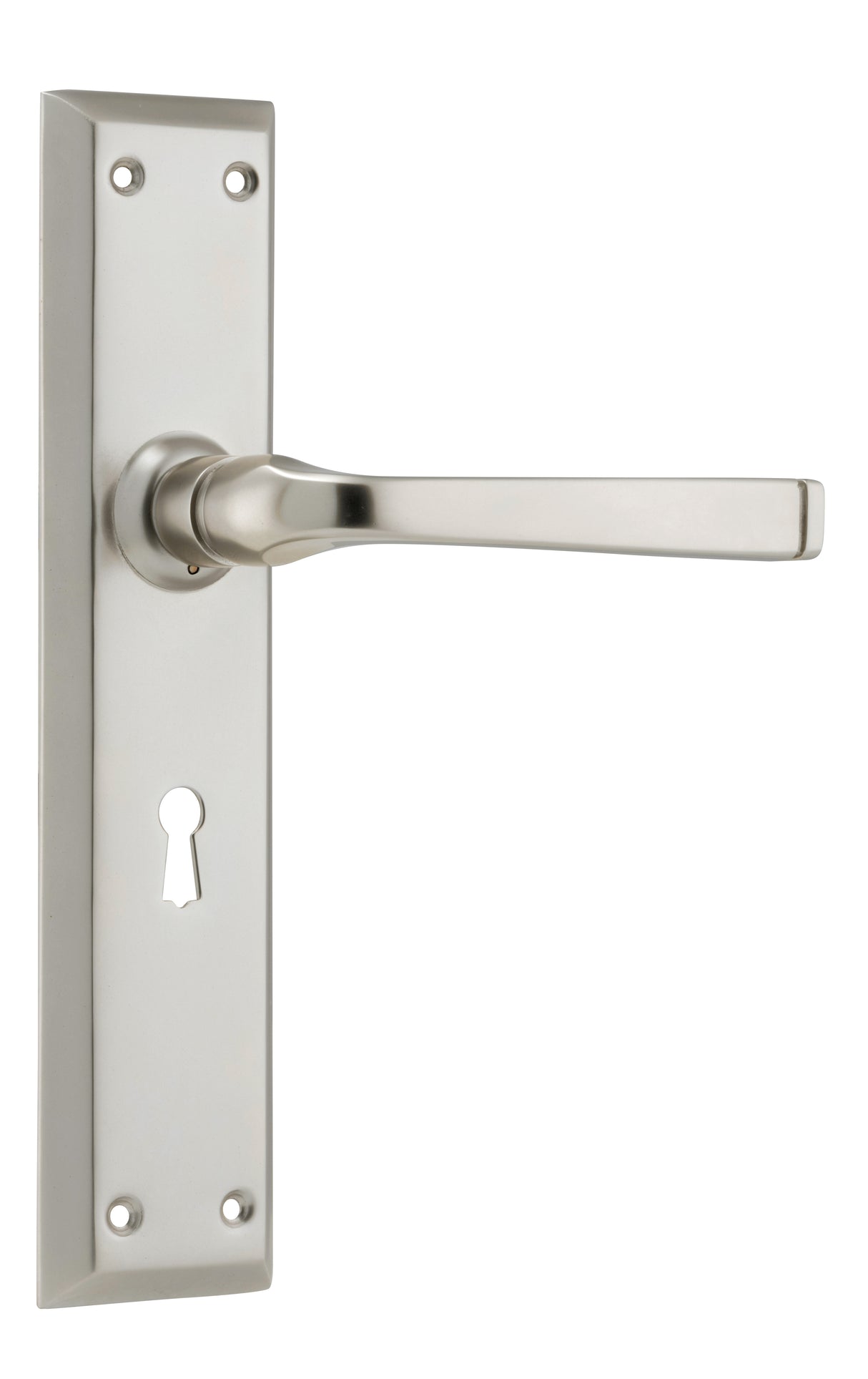 Tradco Menton Lever Long Backplate, Satin Nickel, Skeleton Key