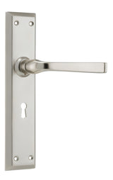 Tradco Menton Lever Long Backplate, Satin Nickel, Skeleton Key