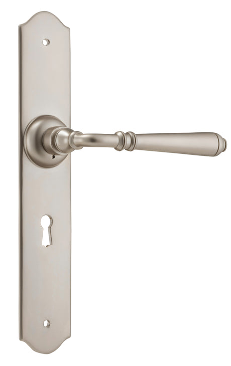 Tradco Reims Lever Long Plate, Satin Nickel, Skeleton Key