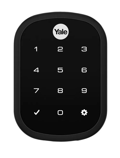 a black Yale security device with a numeric keypad and a gear icon.