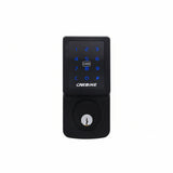 Black electronic door lock with keypad on a white door