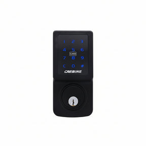 Black electronic door lock with keypad on a white door