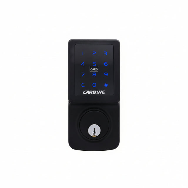 Black electronic door lock with keypad on a white door