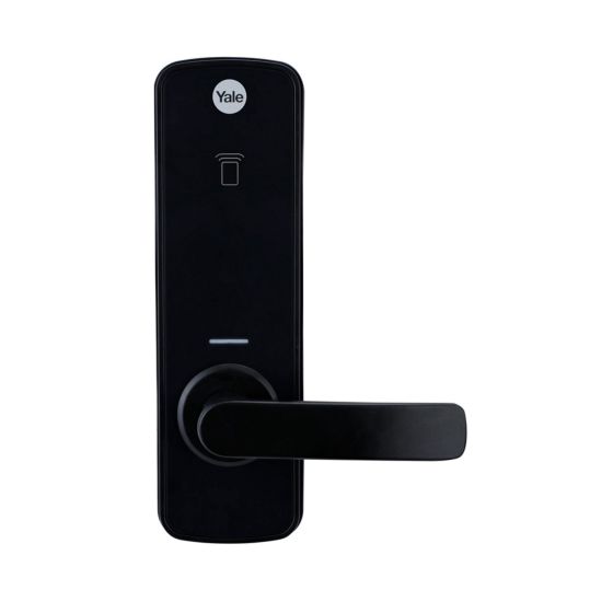 Yale Unity digital lock in Matt Black finish with sleek design and digital locking technology for entrance security.