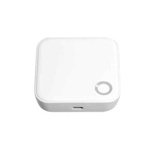 White square digital device with a USB port, designed for modern technology interfaces.
