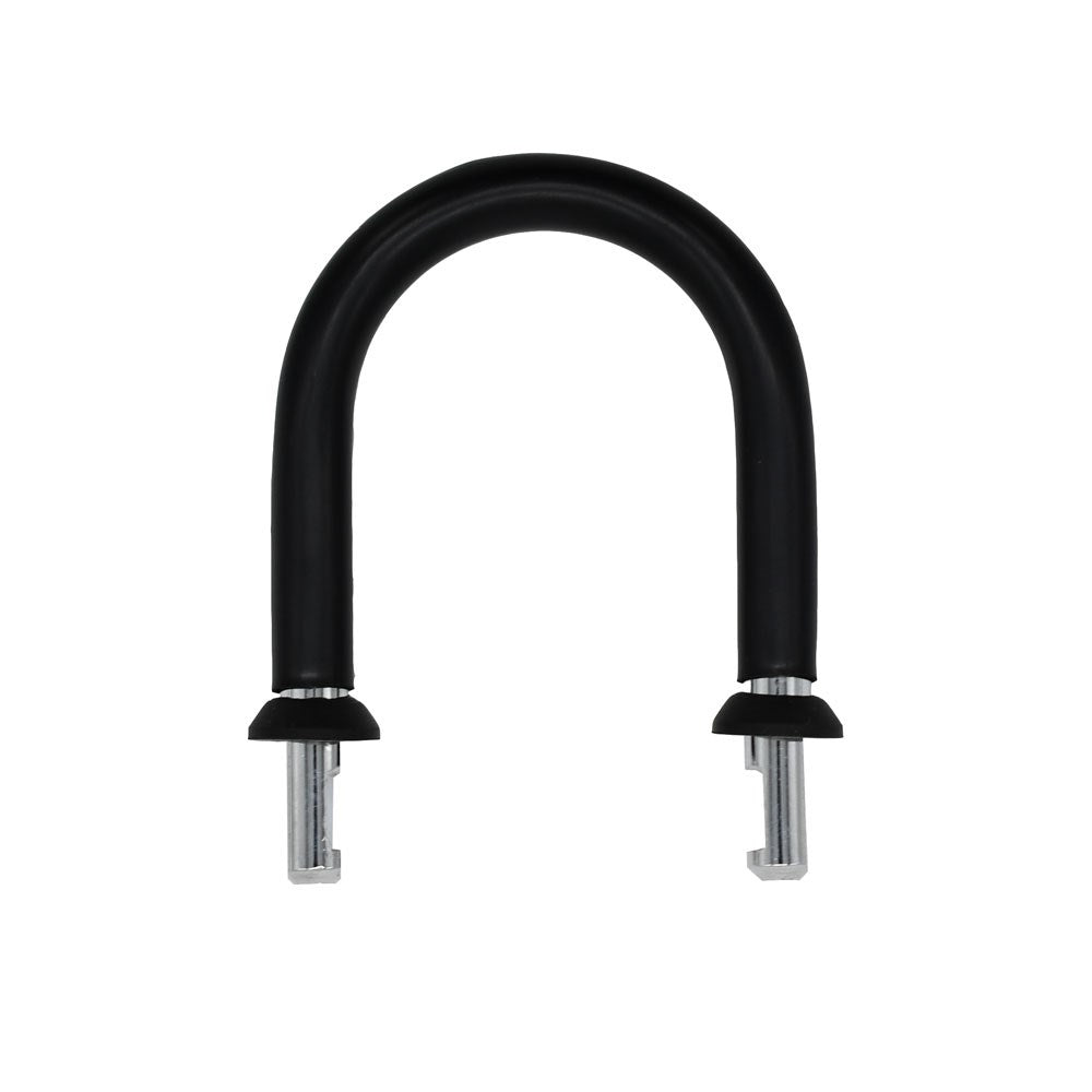 Black U-shaped padlock with silver locking mechanisms, ideal for securing gates, doors, and storage units.