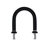 Black U-shaped padlock with silver locking mechanisms, ideal for securing gates, doors, and storage units.