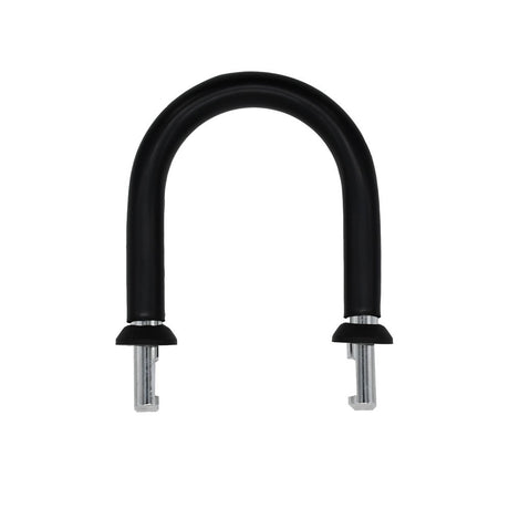 Black U-shaped padlock with silver locking mechanisms, ideal for securing gates, doors, and storage units.