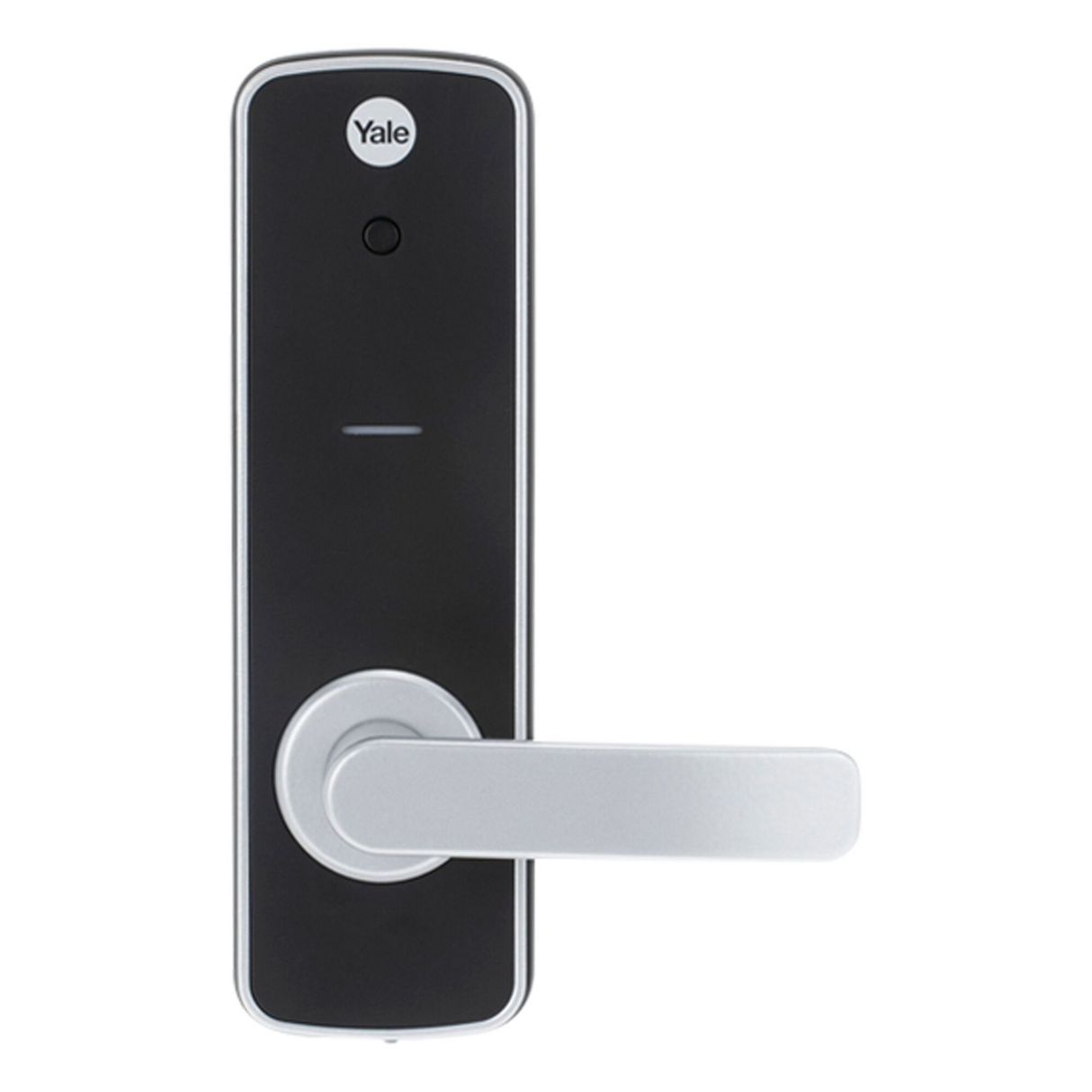 Yale Unity digital lock in matte black finish with silver handle, designed for secure entrance locking.