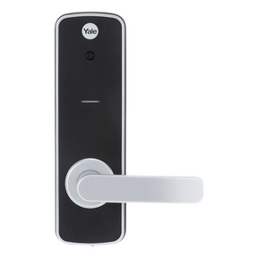 Yale Unity digital lock in matte black finish with silver handle, designed for secure entrance locking.