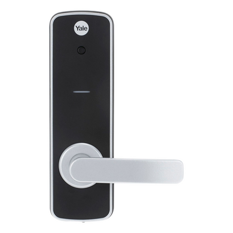 Yale Unity digital lock in matte black finish with silver handle, designed for secure entrance locking.