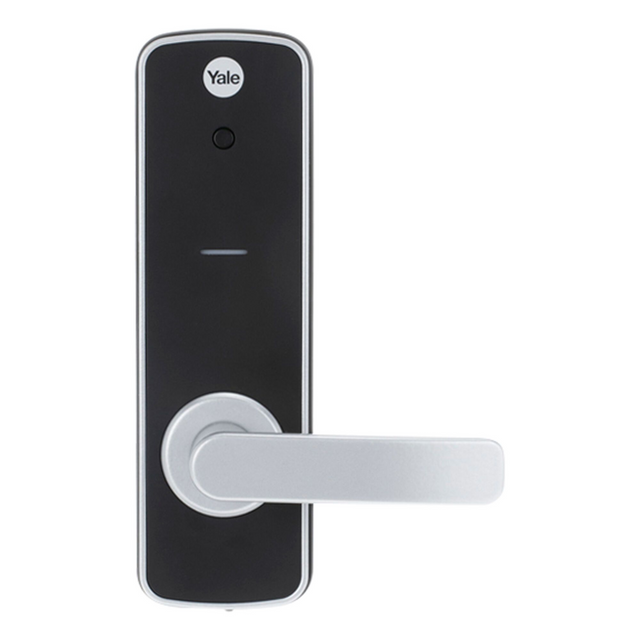 Yale Unity digital lock in matte black finish with silver handle, designed for secure entrance locking.