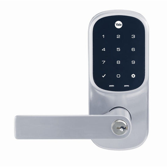 Digital door lock with keypad on a white background