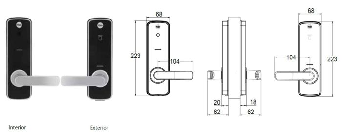 Yale Unity digital lock design showcasing interior and exterior views with dimensions for smart locking solution.
