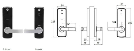 Yale Unity digital lock design showcasing interior and exterior views with dimensions for smart locking solution.