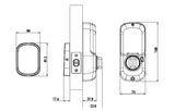 technical drawings and measurements of a device, including a diagram of the device's components and dimensions.