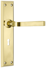 Tradco Menton Lever Long Backplate Door Handle - Polished Brass - Skeleton Key (0676)