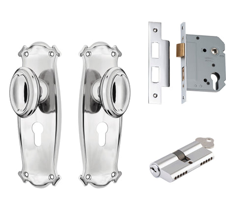 Tradco Bungalow Knob - Complete Kits - Chrome Plated - Entrance Set Locking - Key / Key (0886KENTREURO57KK)